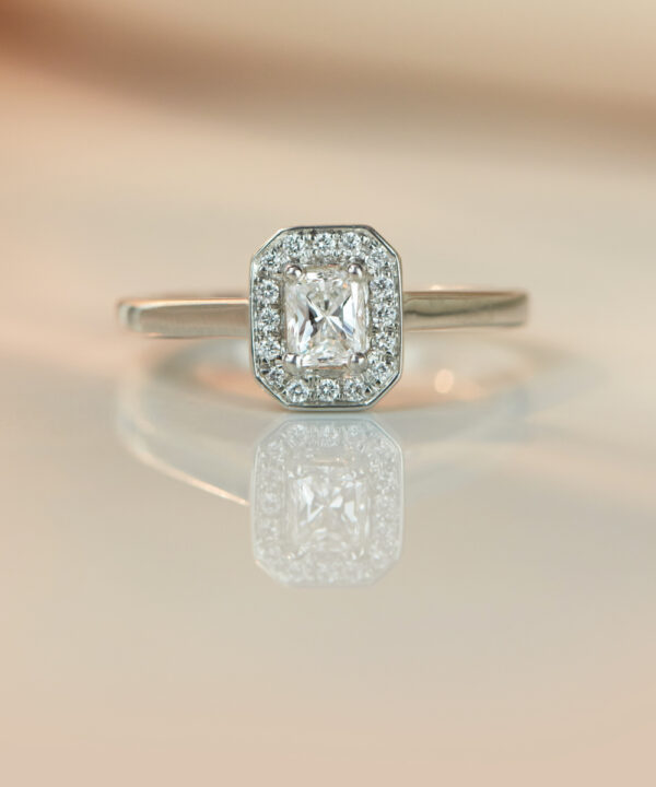 0.41ct E VS Radiant Cut Diamond Halo Ring