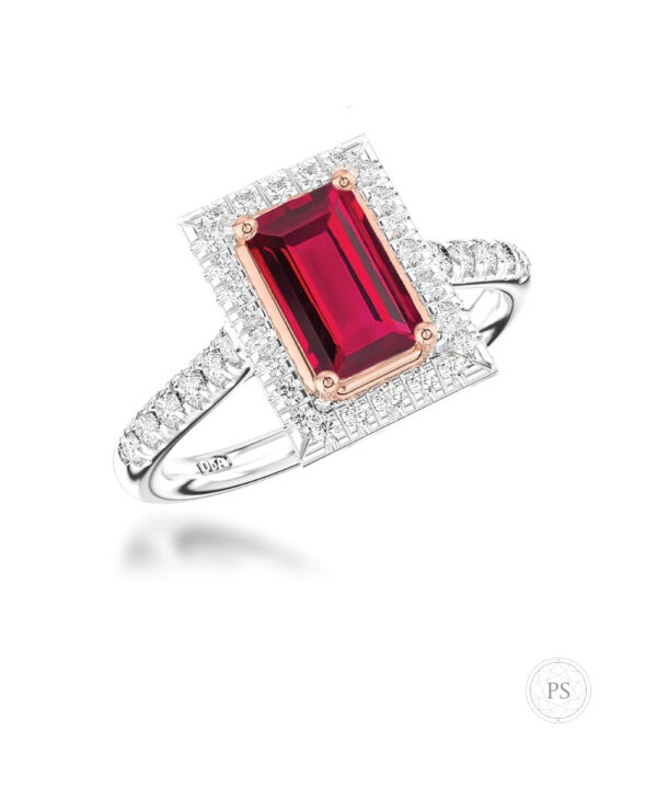 0.69ct Baguette Ruby & Diamond Halo Ring