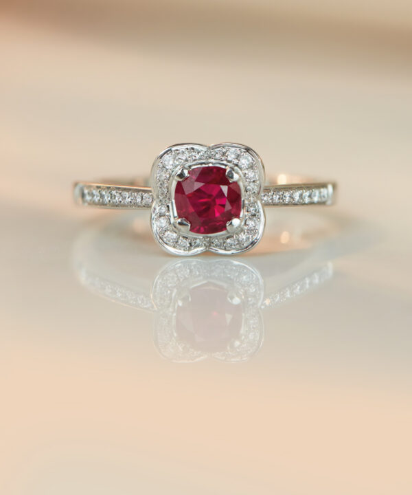 0.57ct Cushion Cut Ruby & Diamond Halo Ring