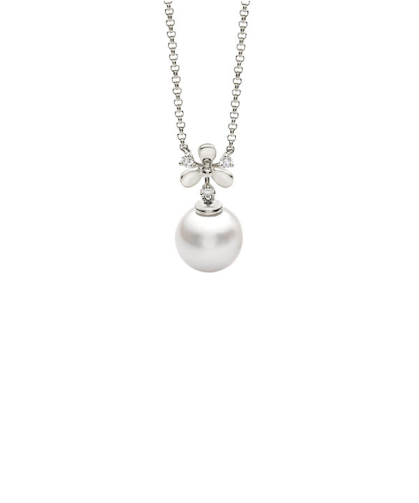 Akoya Pearl & Diamond Floral Pendant – 18ct White Gold