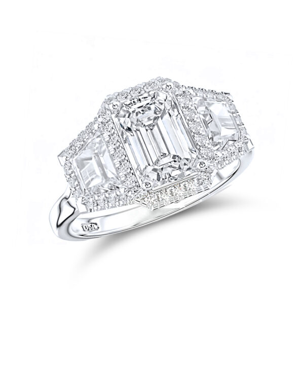 1.00ct F SI1 Emerald Cut Diamond Trilogy Halo Ring