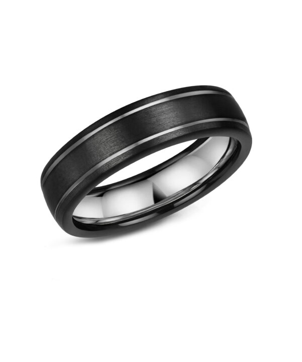 6mm Black Zirconium & Silver Band with Line Detail